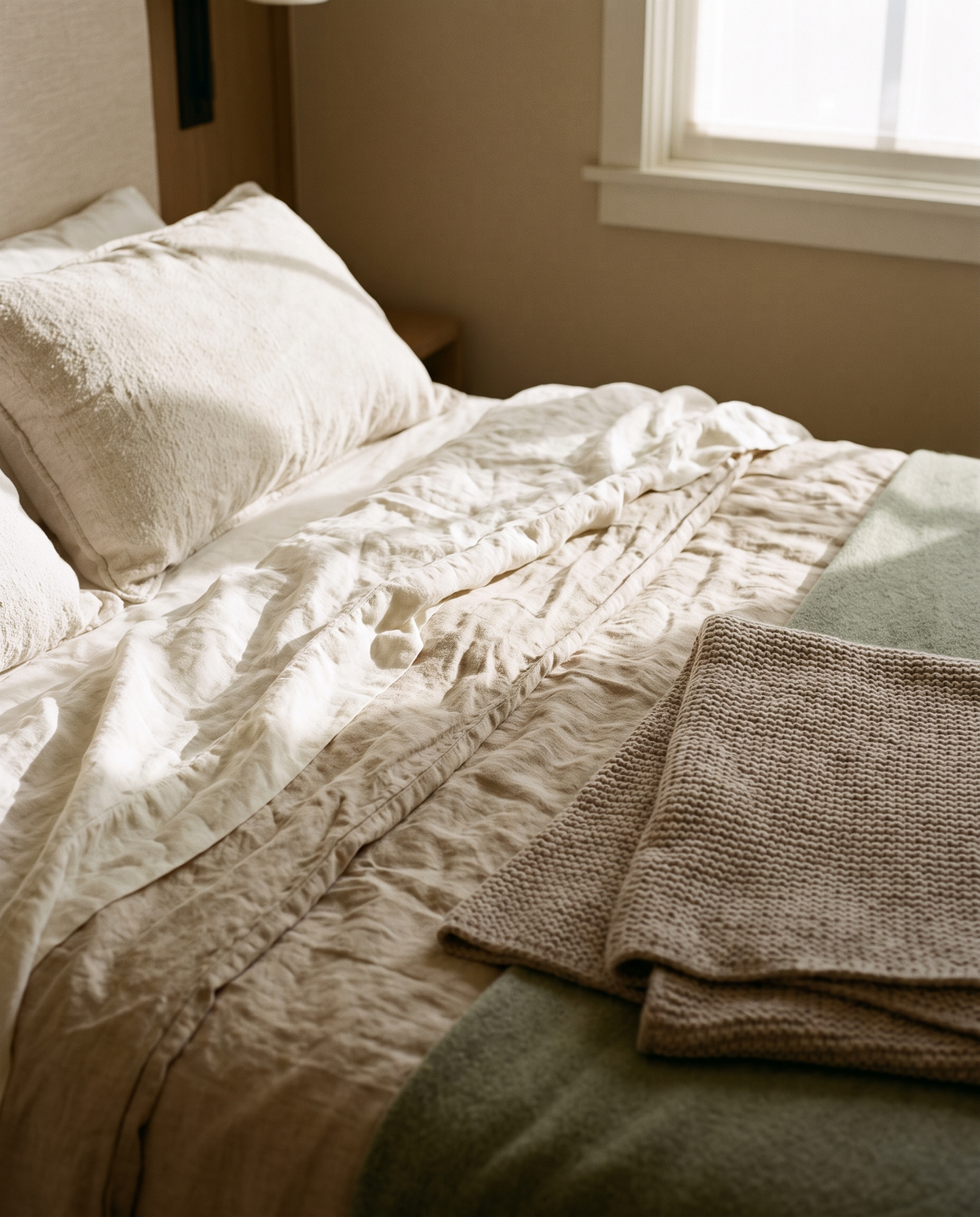 Layered linen bedding with a weighted blanket