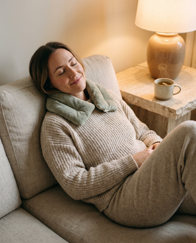 Woman relaxing with a warm neck wrap