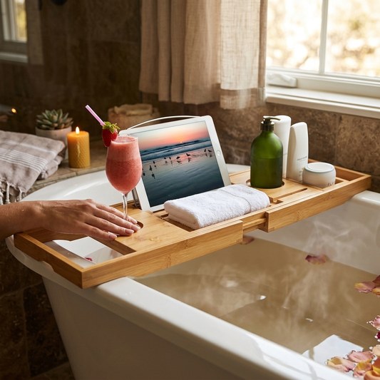Bathtub Caddy Tray Crafted Bamboo Bath Tray Table Extendable Reading Rack Tablet Phone Holder