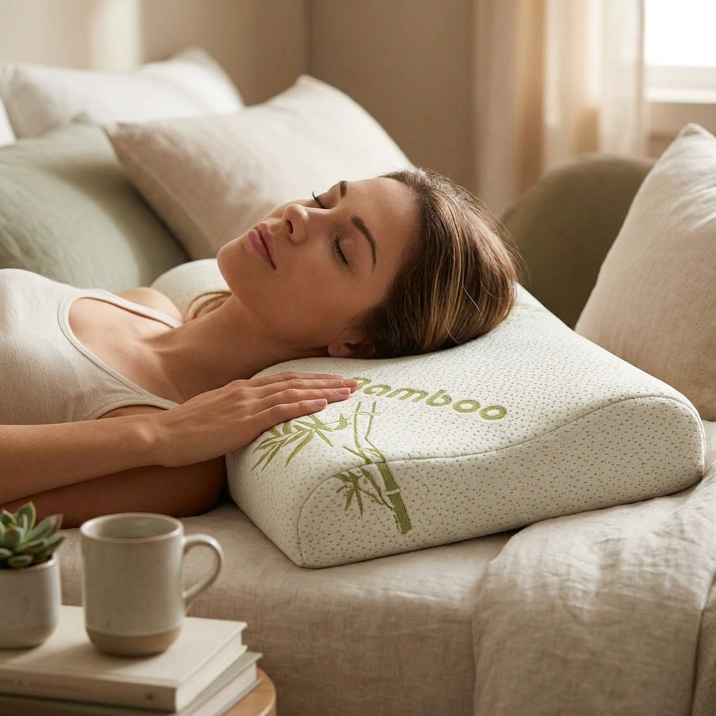 Bamboo Memory Foam Contoured Pillow with Breathable Cover, S-L Sizes