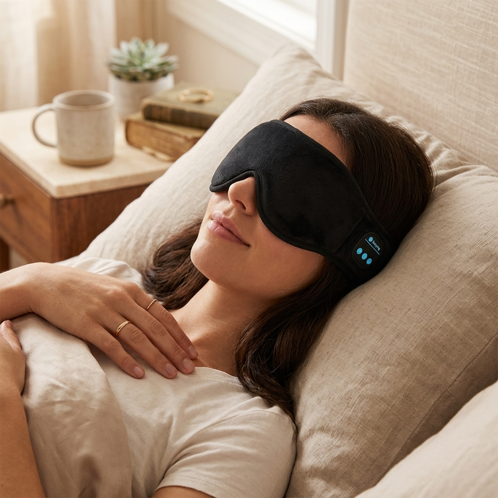Wireless Bluetooth Stereo Music Eye Mask - Blackout Sleep Mask with Built-in Speakers for Side Sleep