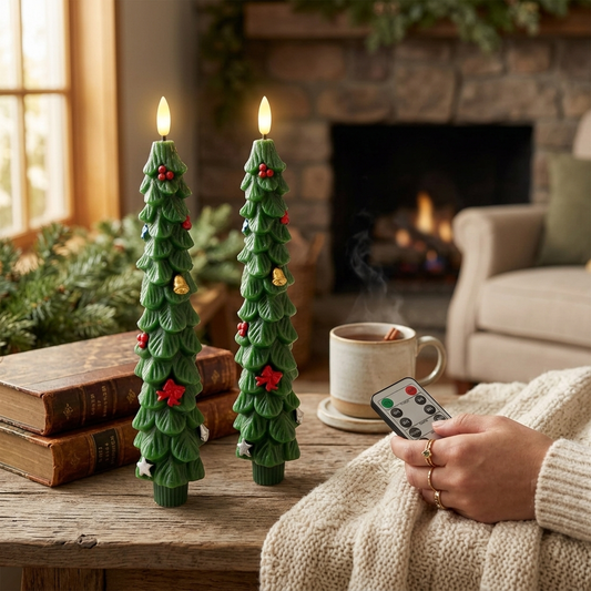 Christmas Tree Flameless Candles 2Pcs LED Taper Christmas Candles Battery Operated  Green Flickering