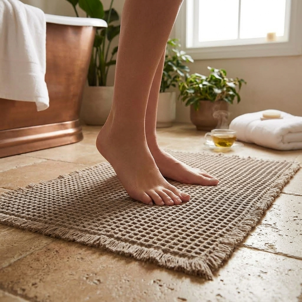 Waffle Bath Mat, Boho Bathroom Rug, Non-Slip Washable Floor Mat, 30 X 20 Inches, Khaki, Soft Absorbe