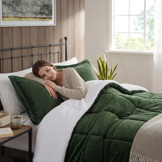 Full Queen Plush To Sherpa Down  Comforter Set