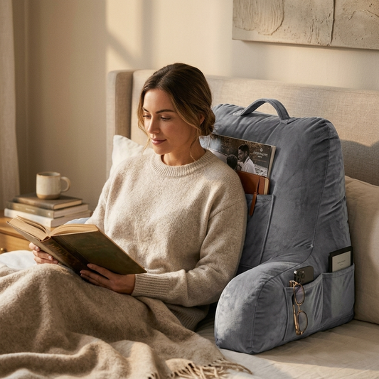 Reading Pillow, Standard Size Bed Pillow With Shredded Memory Foam, Back Pillow With 3 Pockets And W