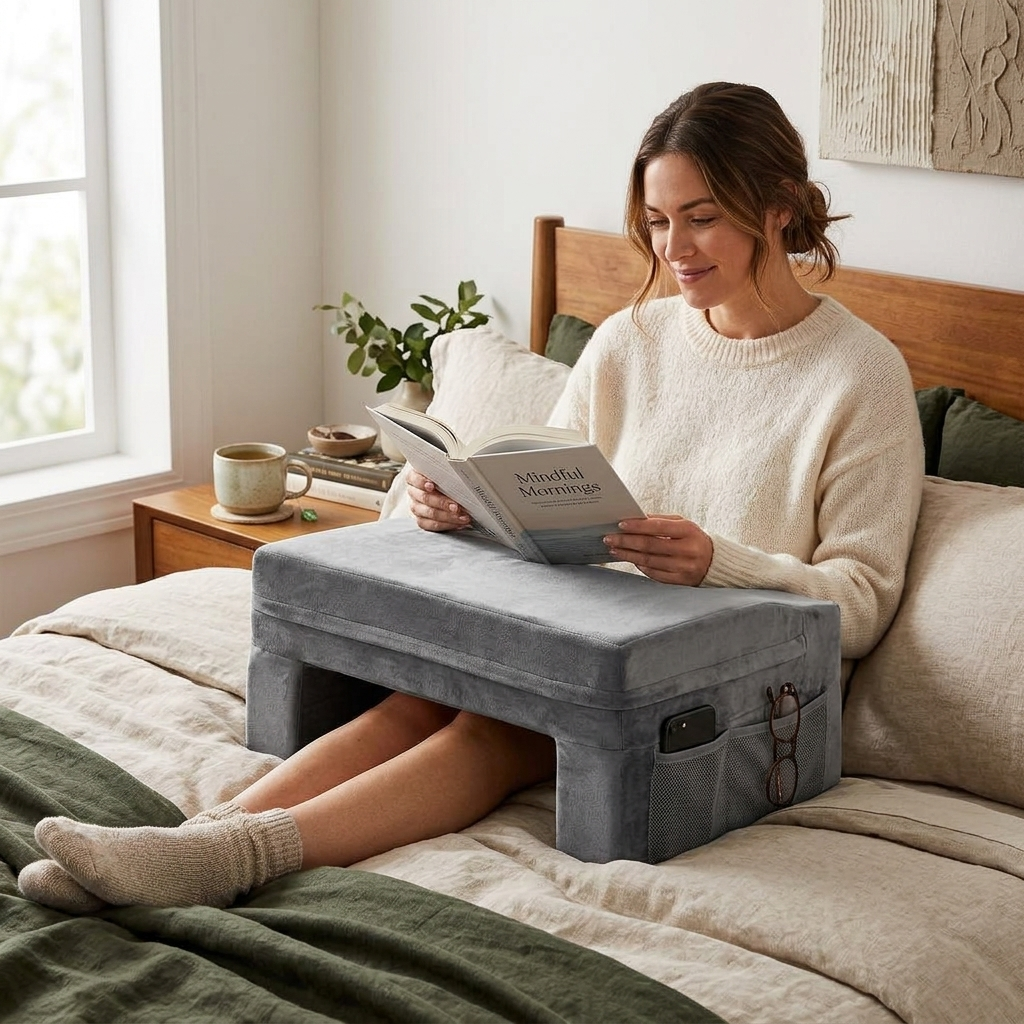 Reading Pillow, Lap Desk Pillow With Washable Cloth, Large Bed Pillow With 2 Pockets And Cup Holder,