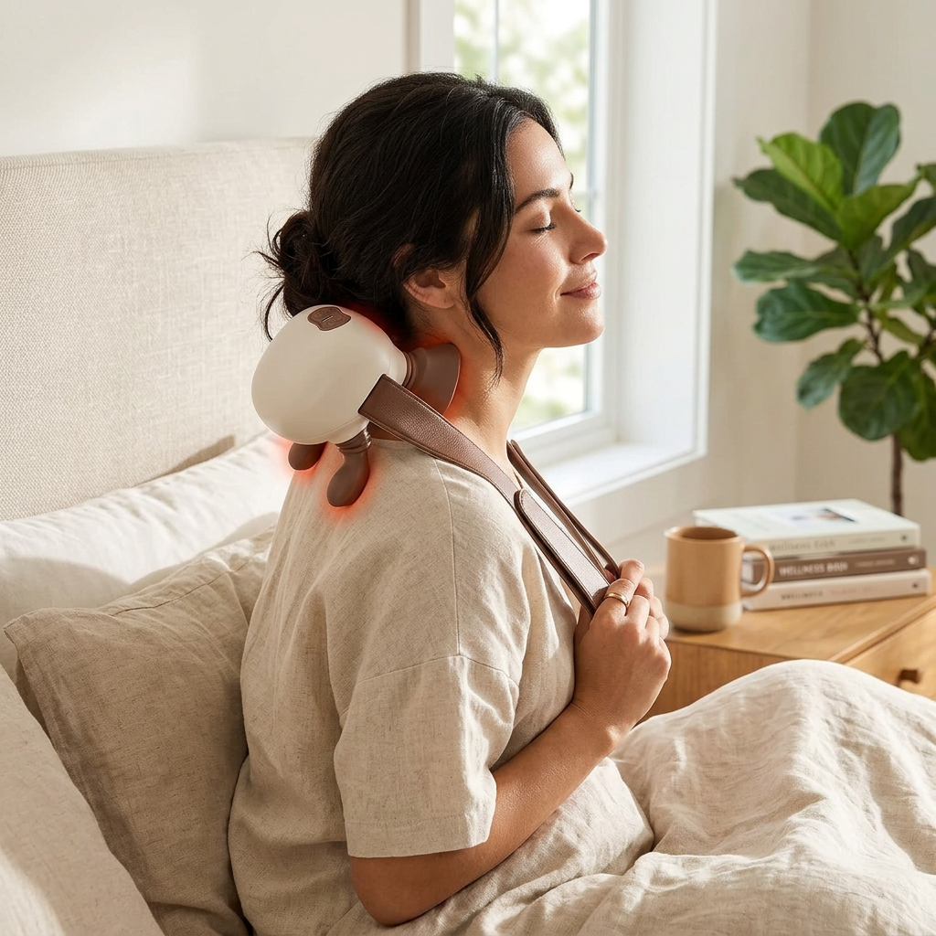 Cordless Shiatsu Neck Massager with Heat, 4 Silicone Massage Nodes, 3 Intensity Levels & 2 Heat Sett