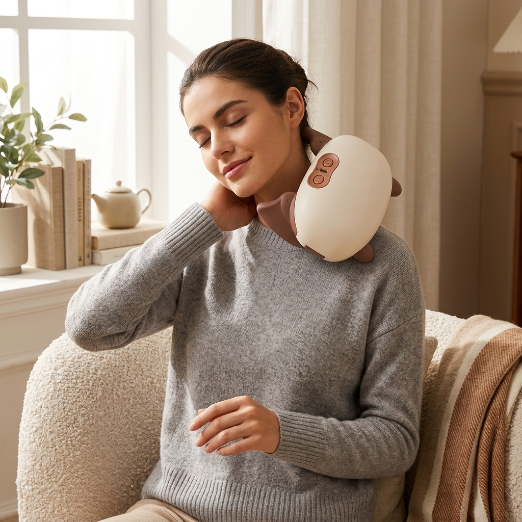 Cordless Shiatsu Neck Massager With Heat, 4 Silicone Massage Nodes, 3 Intensity Levels & 2 Heat Sett