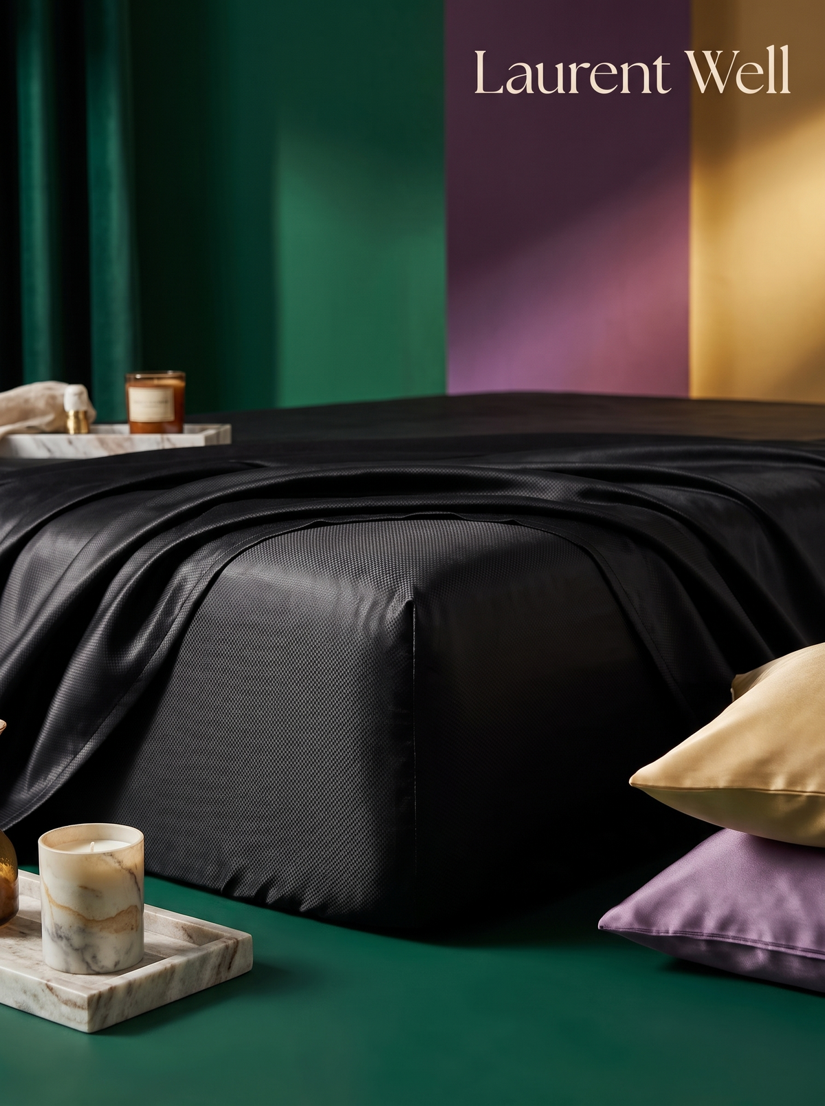 Laurent Well King Satin Sheet Set, Black, 15 Inch Deep Pocket, Stays Put All Night