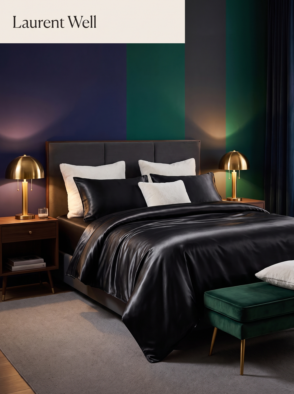 Laurent Well King Satin Sheet Set, Black, 15 Inch Deep Pocket, Hotel Glamour at Home