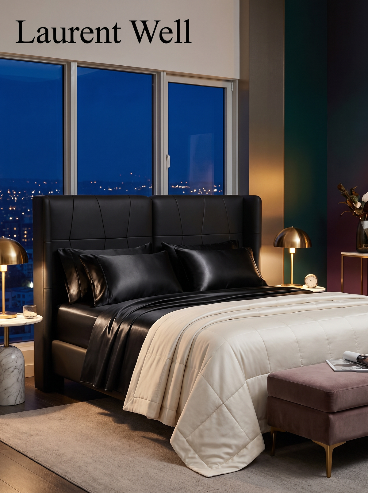 Laurent Well Queen Satin Sheet Set, Black, Silky 4-Piece, Luxury Every Night of the Week