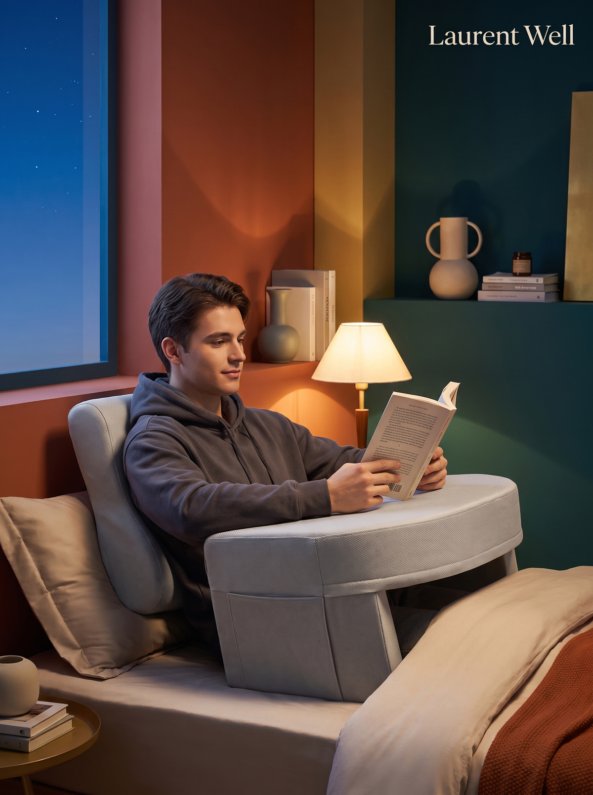 Laurent Well Ergonomic Reading Pillow with Arms and Lap Desk, Sit Up, Settle In, Stay Comfy