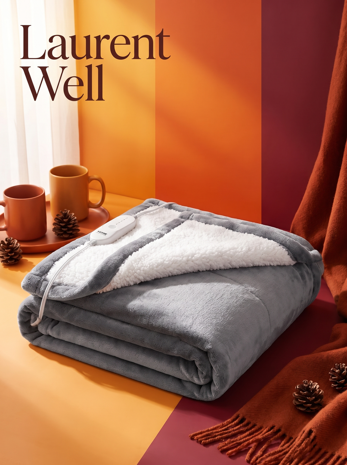 Laurent Well Heated Flannel Sherpa Throw Blanket 50x60 - Grey, No Cold Patches