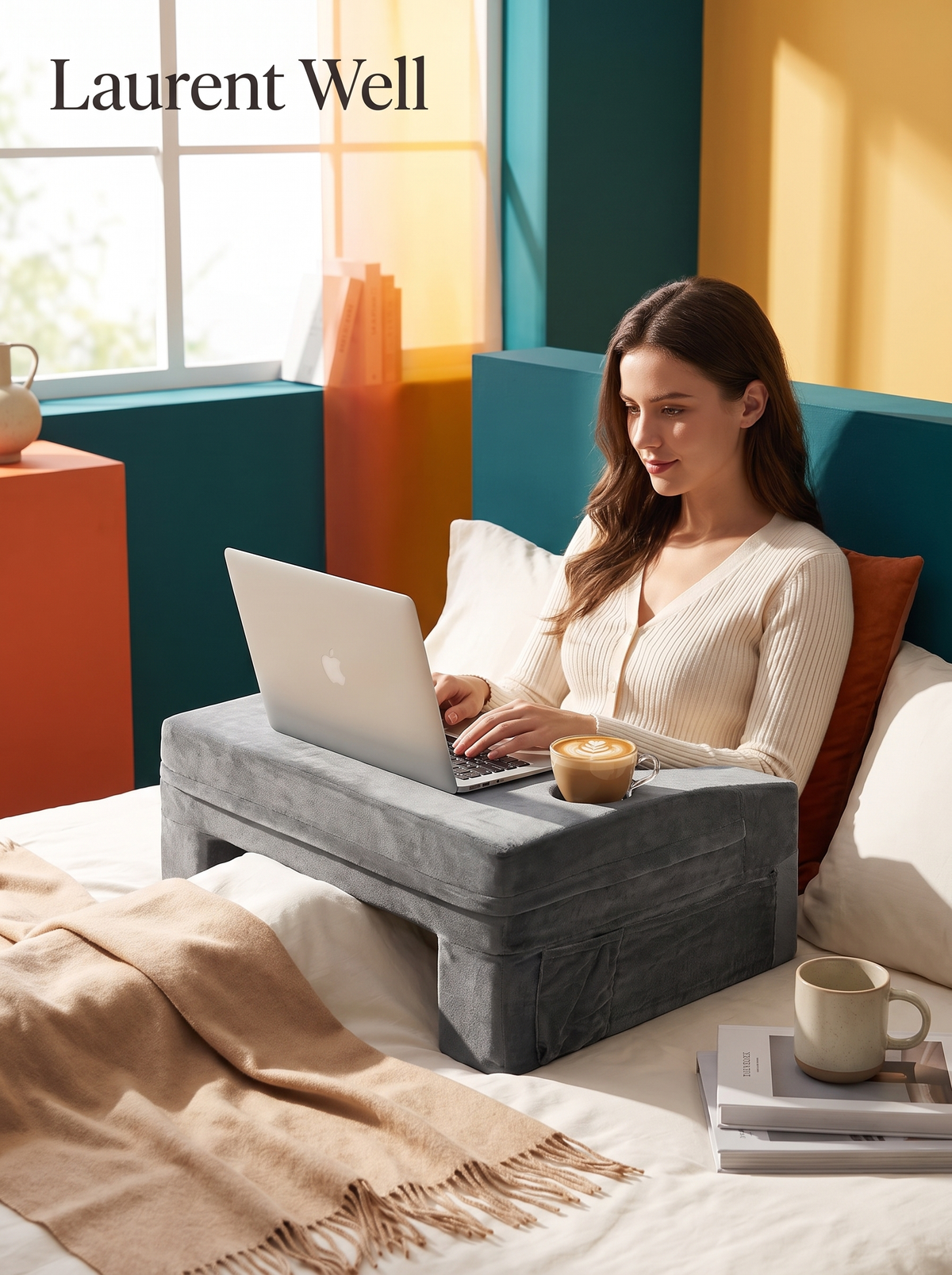 Laurent Well Lap Desk Reading Pillow with Cup Holder, Grey, Your Bed, Now an Office