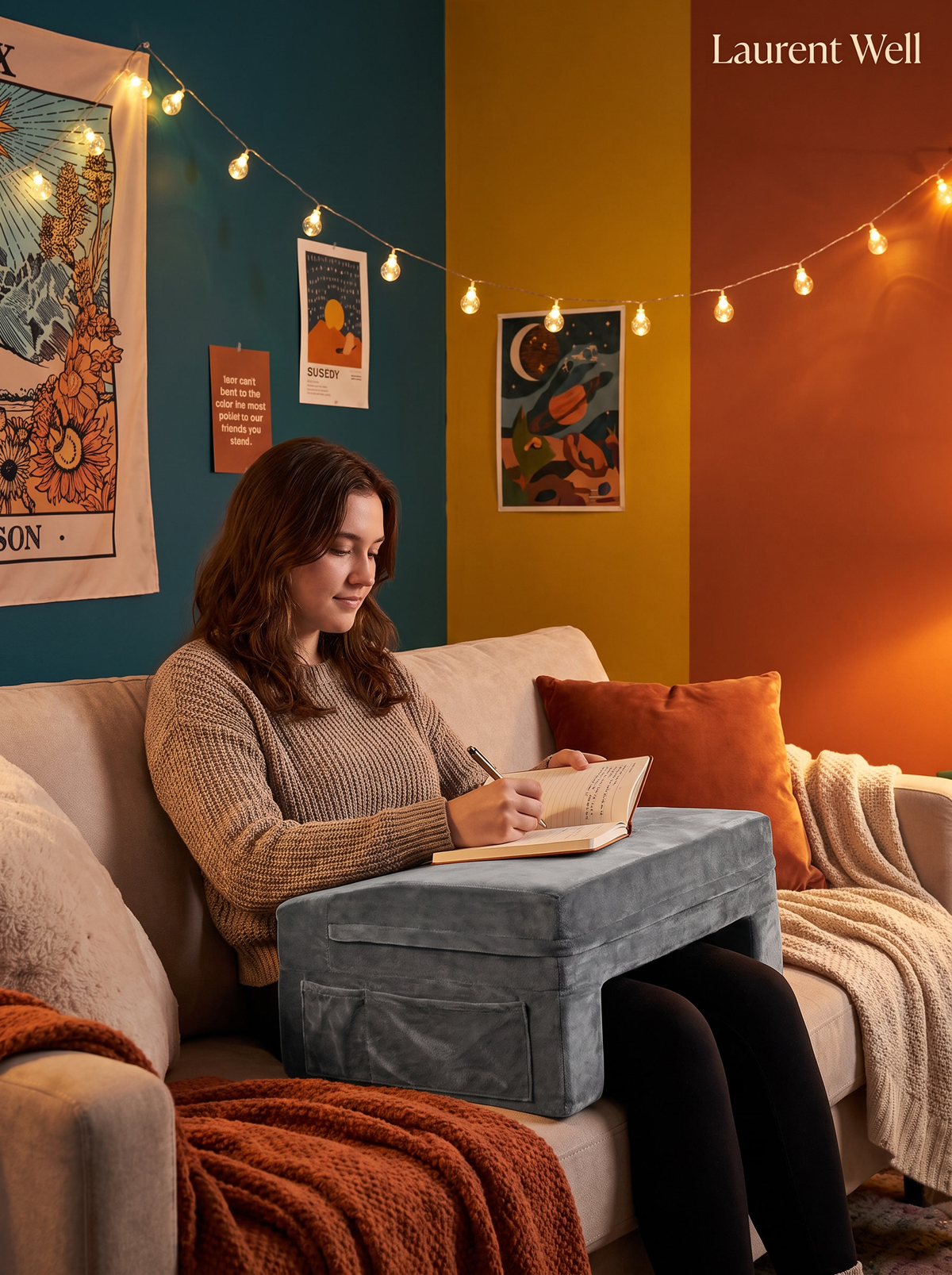 Laurent Well Lap Desk Reading Pillow with Cup Holder, Grey, Stretch Out and Settle In