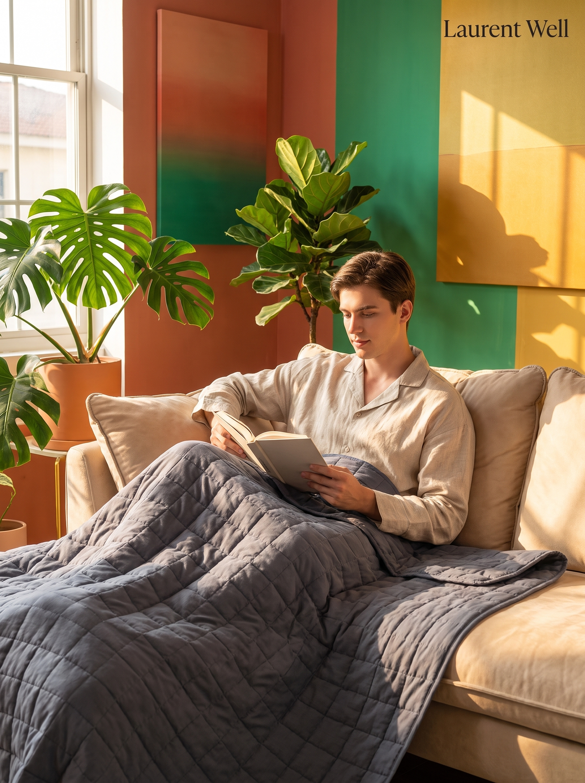 Laurent Well Cotton Weighted Blanket, Dark Gray Grid, Cozy in Every Season