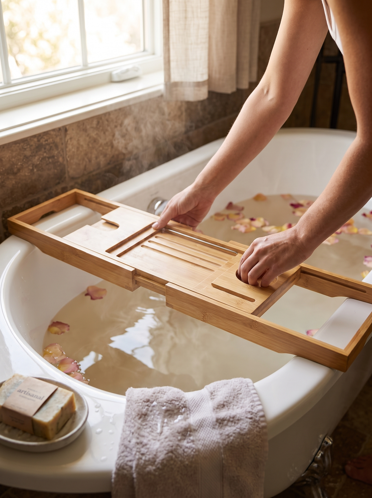 Laurent Well Extendable Bamboo Bathtub Caddy Tray, Fits Your Tub