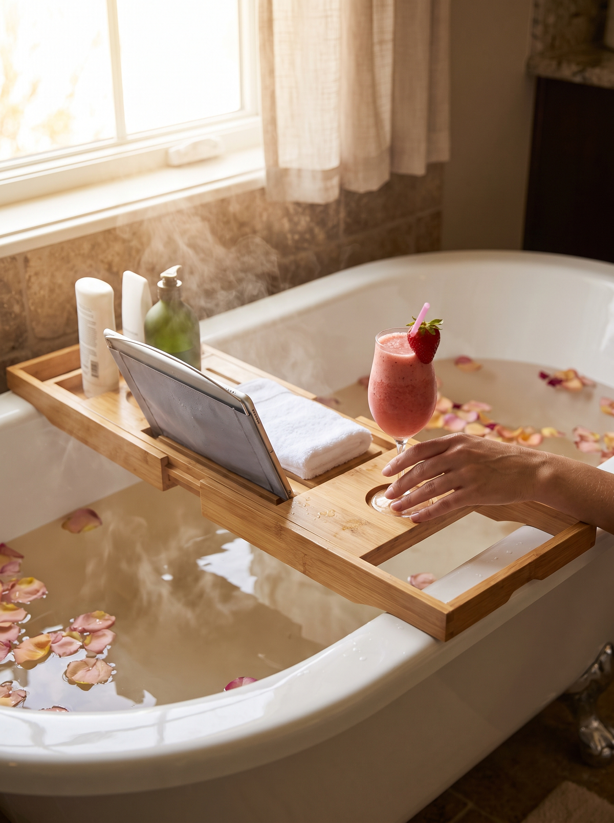 Laurent Well Extendable Bamboo Bathtub Caddy Tray, Everything Within Reach
