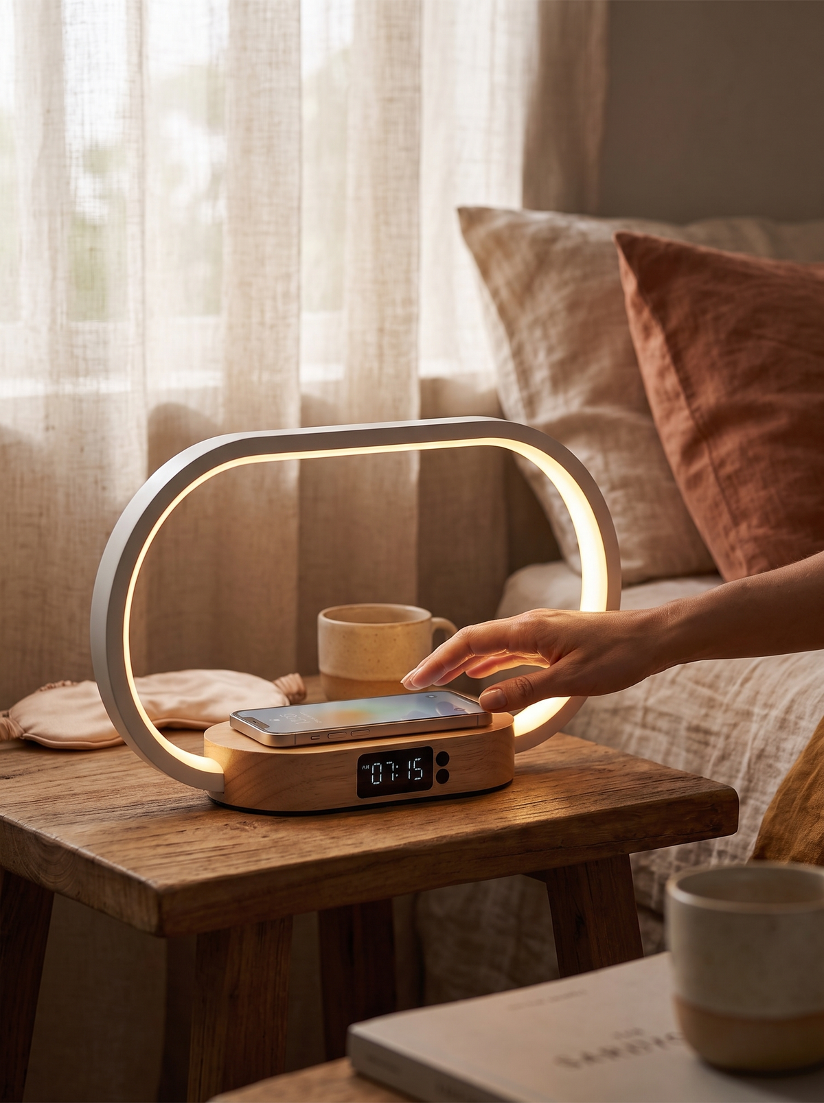 Laurent Well Wireless Charging Bedside Lamp with Digital Clock, One Slim Device, Three Jobs