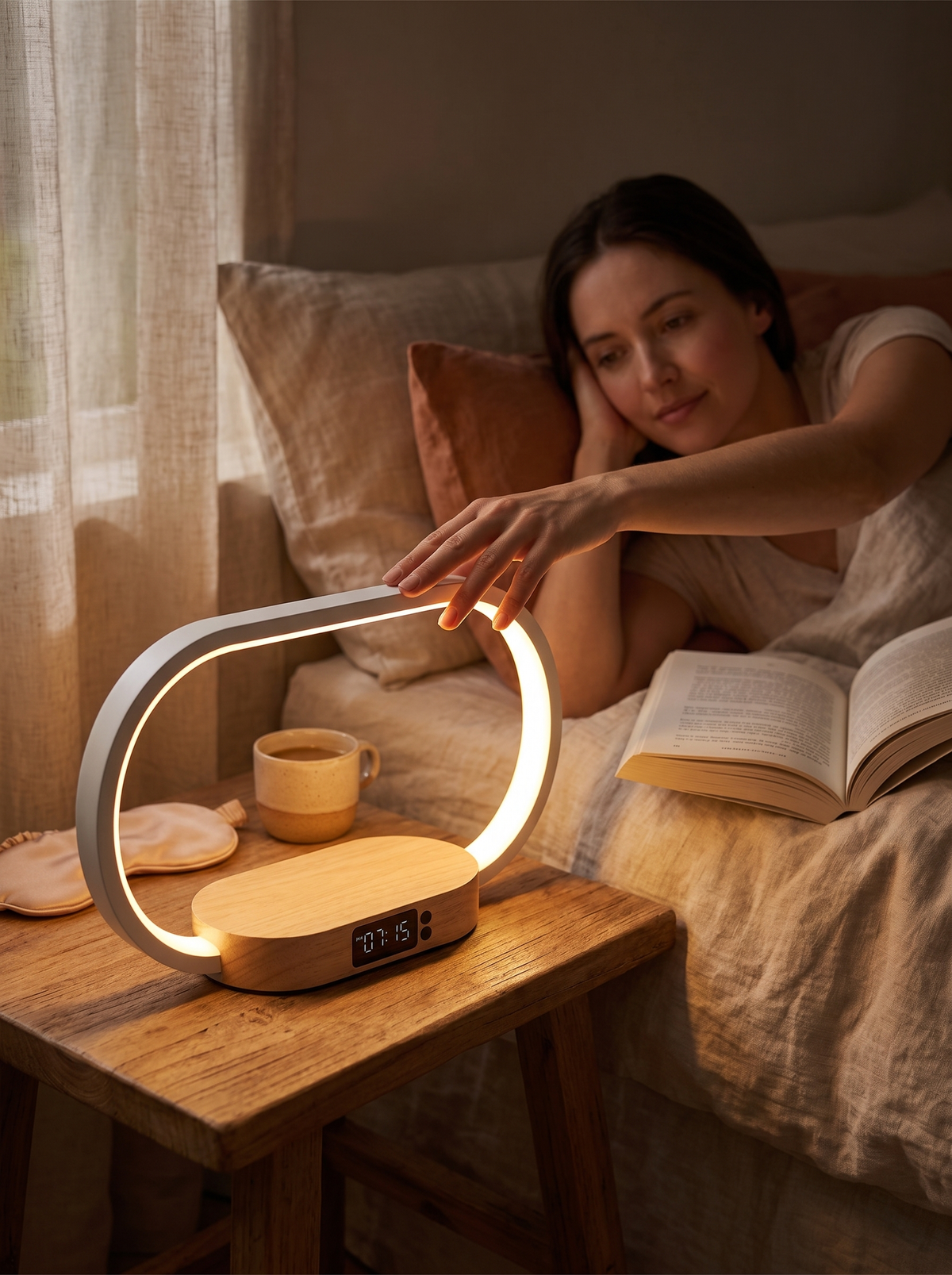 Laurent Well Wireless Charging Bedside Lamp with Digital Clock, Tap for the Perfect Light