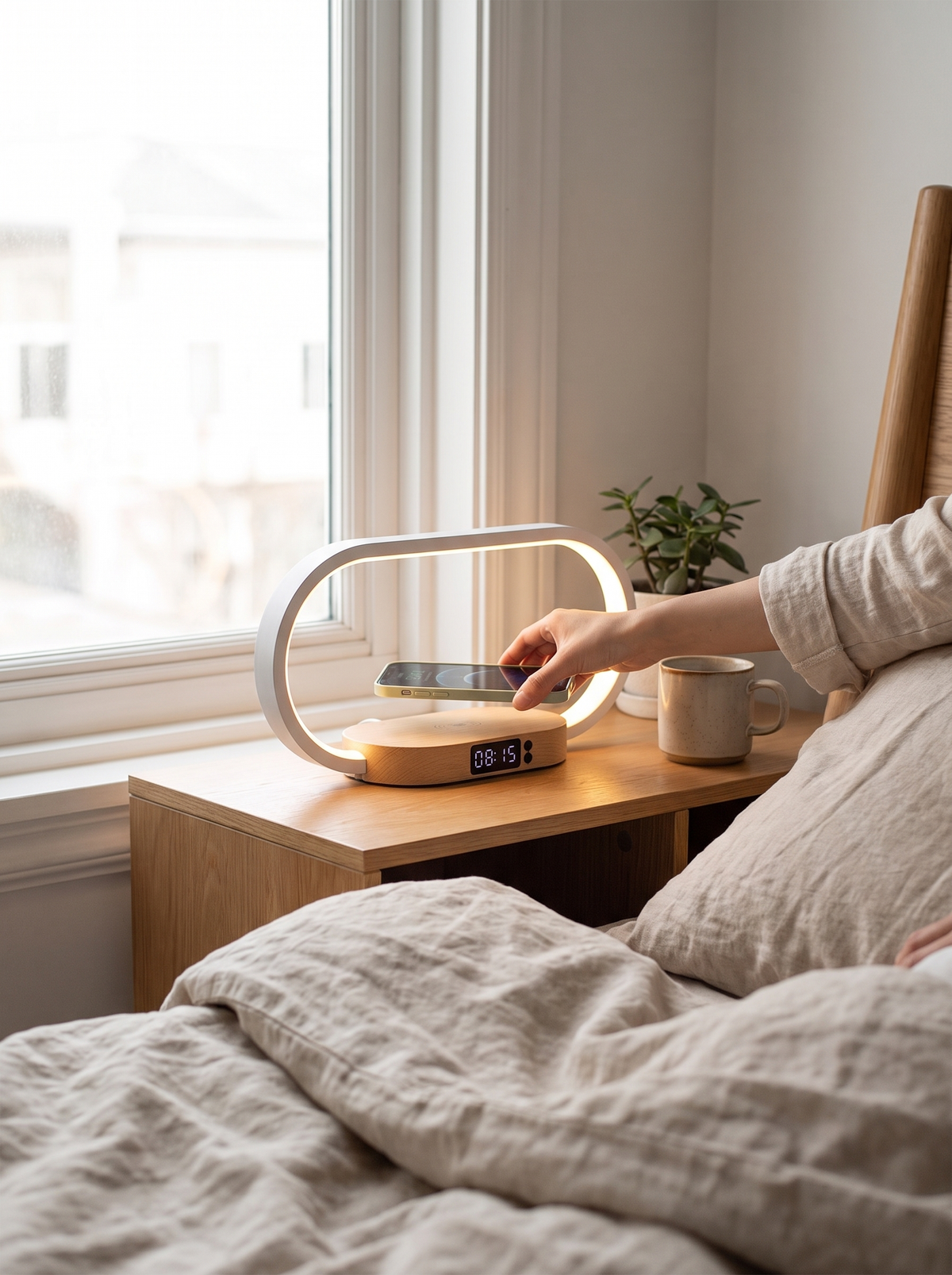 Laurent Well Dimmable Touch Lamp with Clock & Wireless Charger, White, Scandinavian Calm on Your Nightstand