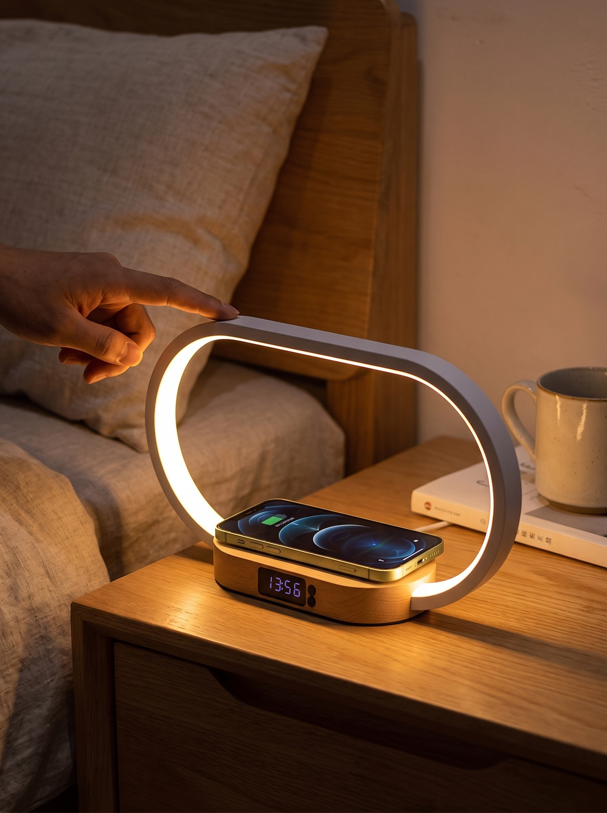 Laurent Well Dimmable Touch Lamp with Clock & Wireless Charger, White, Warm, Natural or Cool