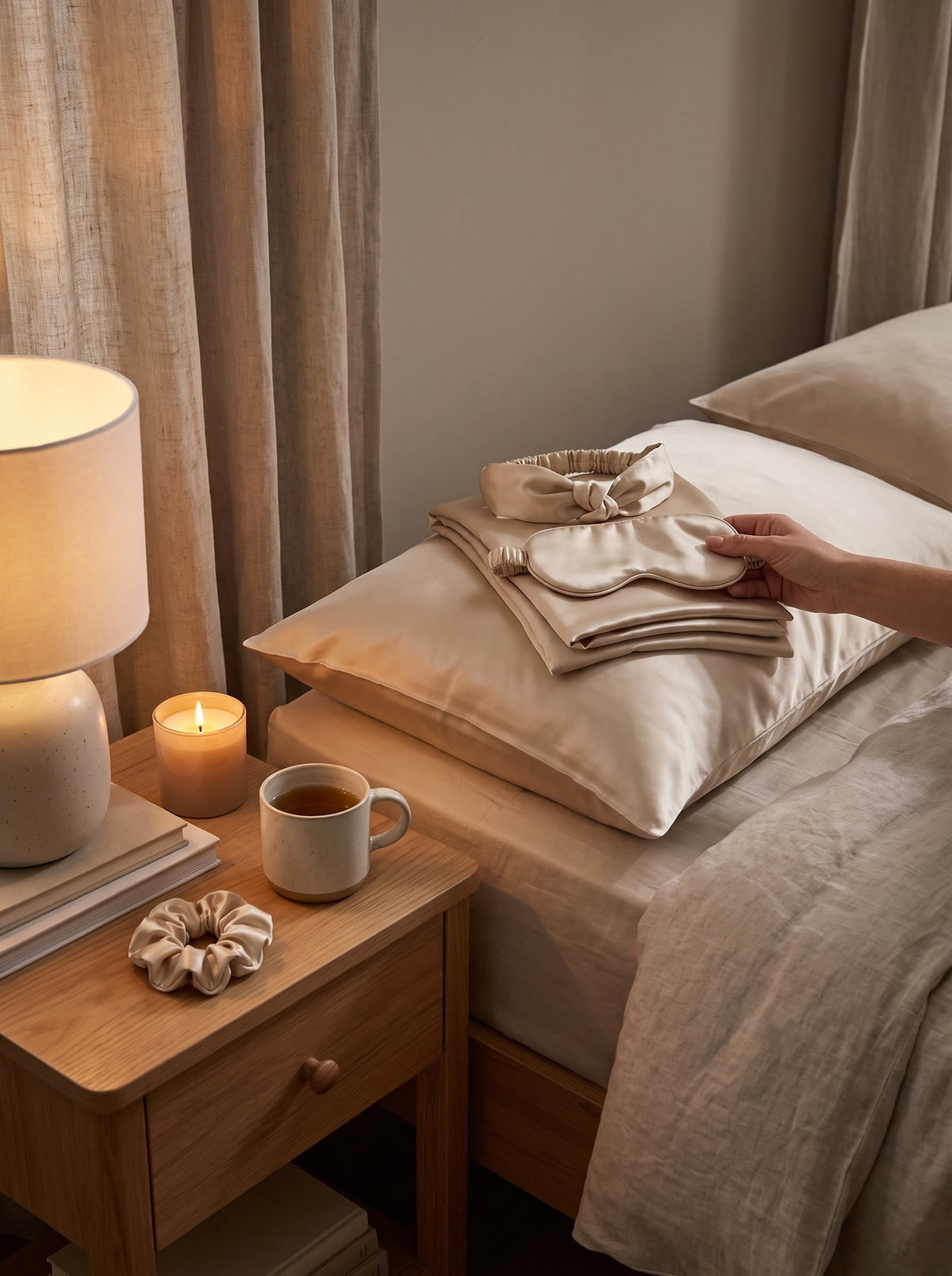 Laurent Well Satin Pillowcase & Sleep Mask Set, Champagne, Beauty Sleep, Beautifully Coordinated