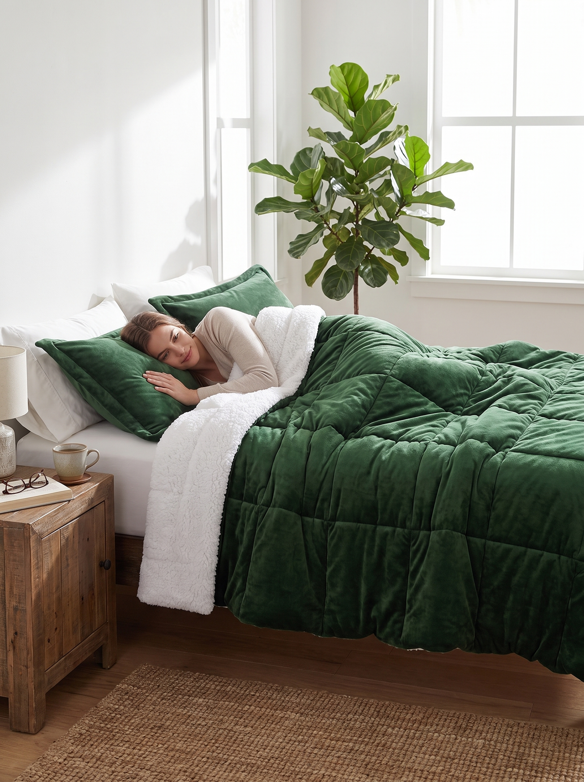 Laurent Well Full Queen Plush to Sherpa Comforter Set, Green, A Calm, Earthy Retreat