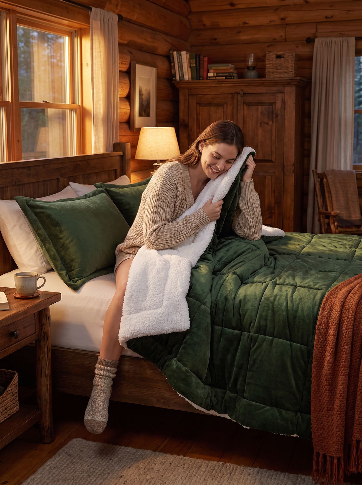 Laurent Well Full Queen Plush to Sherpa Comforter Set, Green, Look Forward to Bedtime