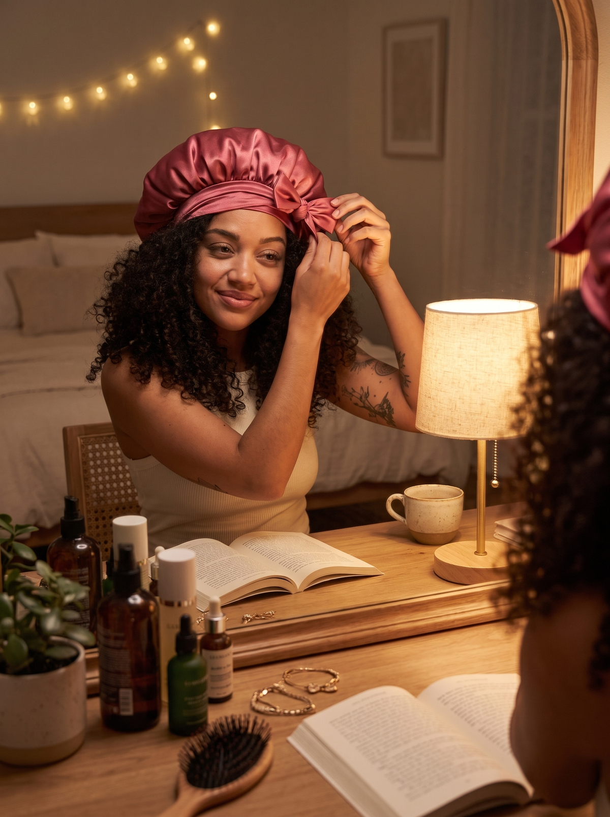 Laurent Well Satin Hair Bonnet for Sleeping - Rose Red, Wake Up to Defined Curls