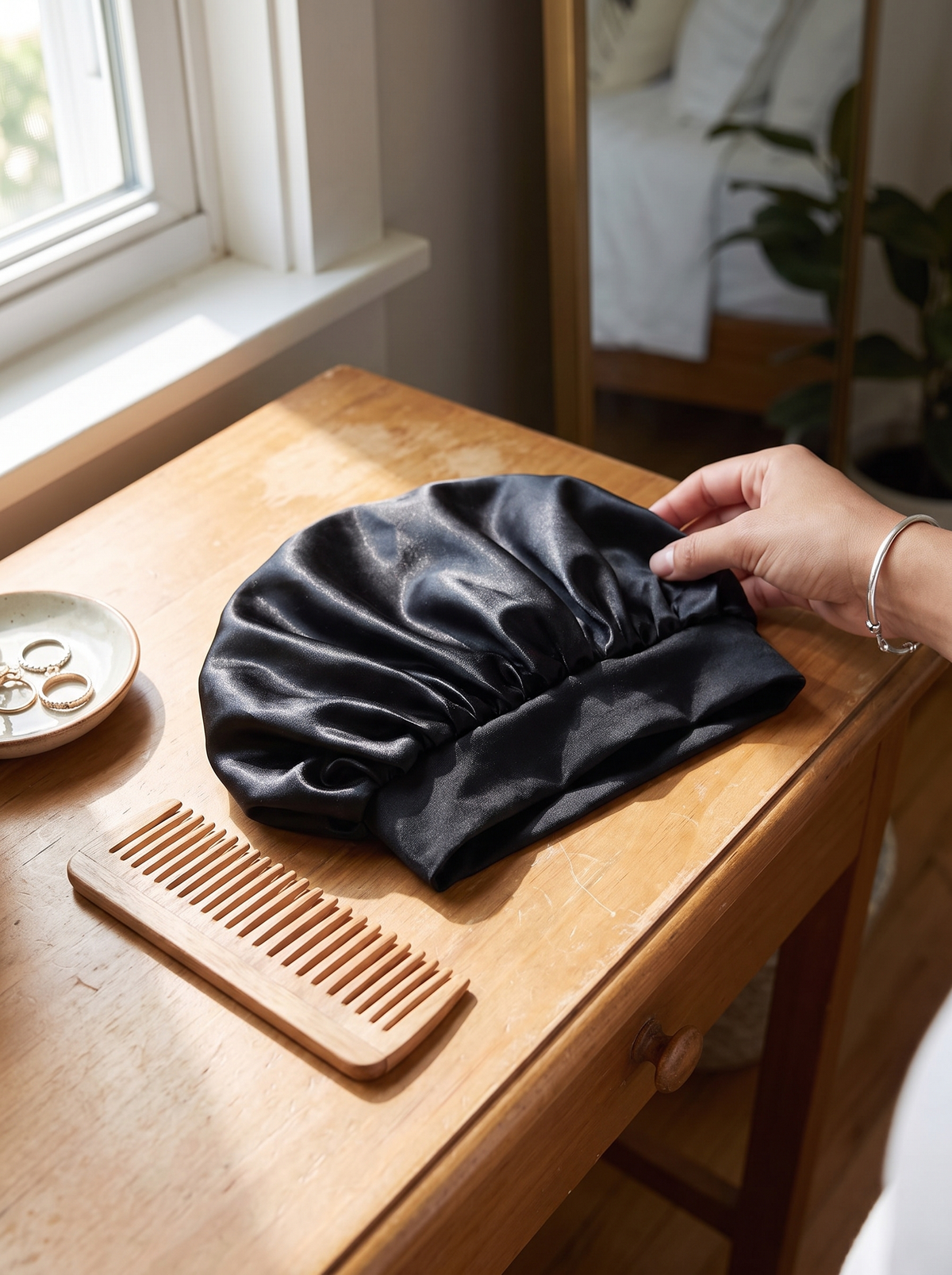 Laurent Well Satin Hair Bonnet for Sleeping - Black, Classic Black Goes Anywhere