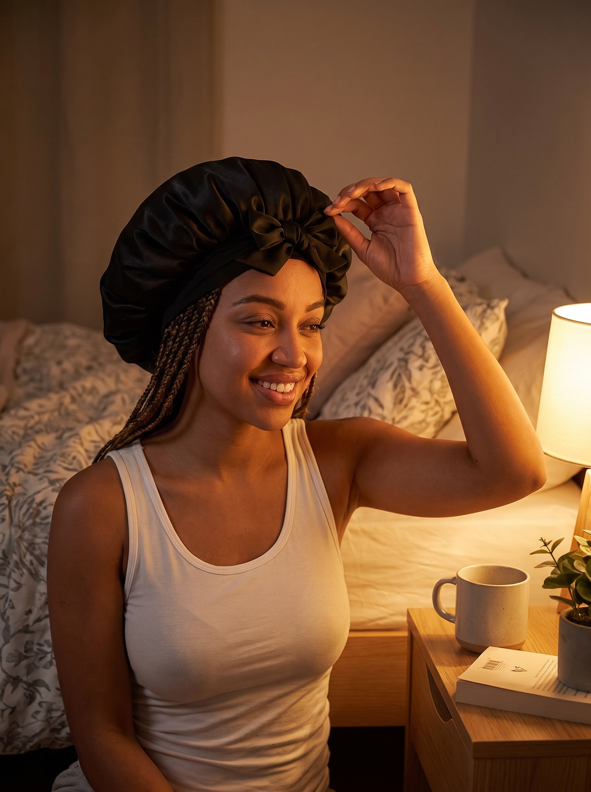 Laurent Well Satin Hair Bonnet for Sleeping - Black, Protect Your Style Overnight