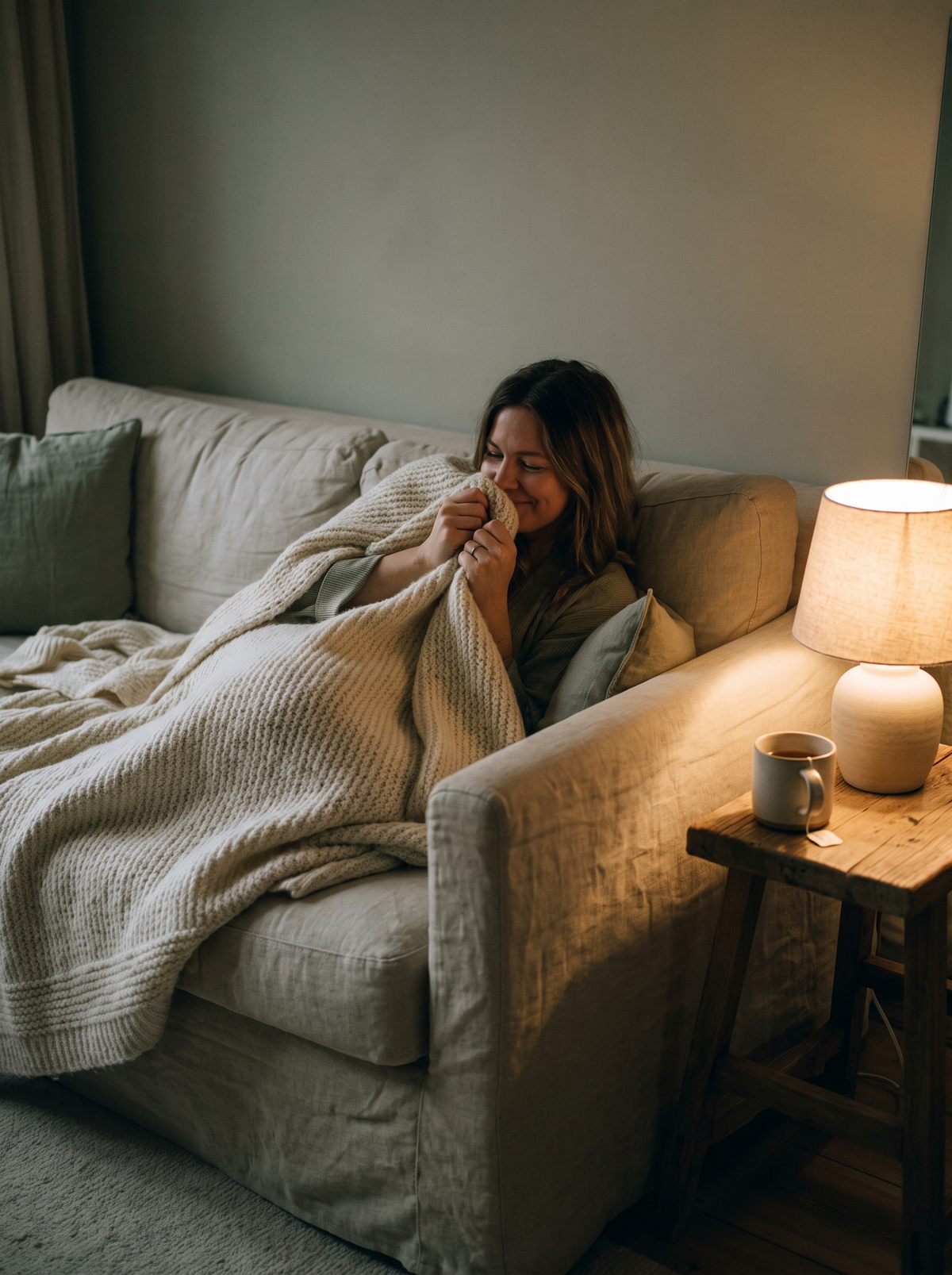 Woman cozy on the sofa under a knit blanket