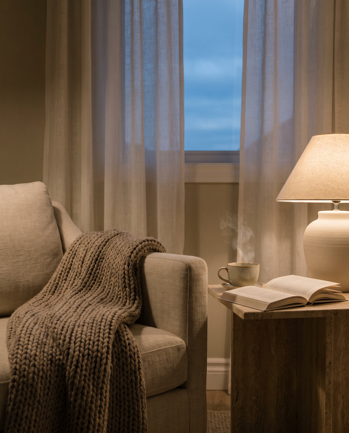 Evening reading corner with tea and a knit throw
