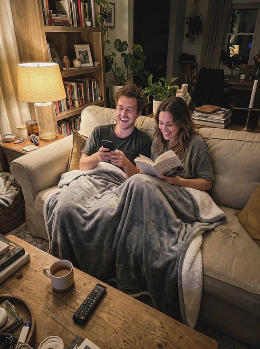 Couple relaxing on the sofa under the Laurent Well heated sherpa throw