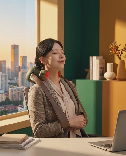 Woman unwinding with the Laurent Well cordless neck and shoulder massager