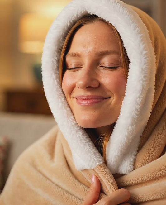 Woman relaxing wrapped in the Laurent Well wearable heated blanket