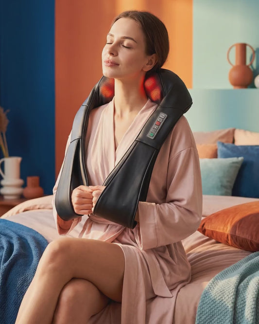 Woman relaxing with the Laurent Well shiatsu neck massager pillow with heat