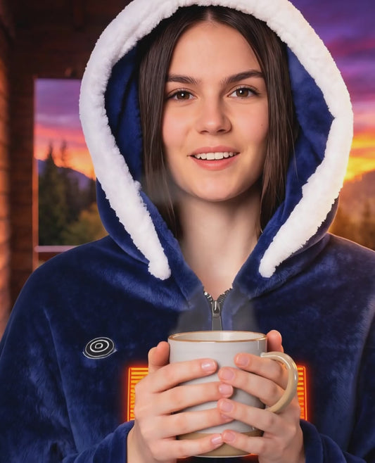 Woman in the Laurent Well heated blanket hoodie holding a warm mug at sunset